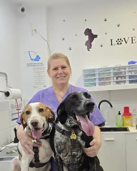 Marta Ruiz, veterinària de Badavet, amb dos gossos a la consulta